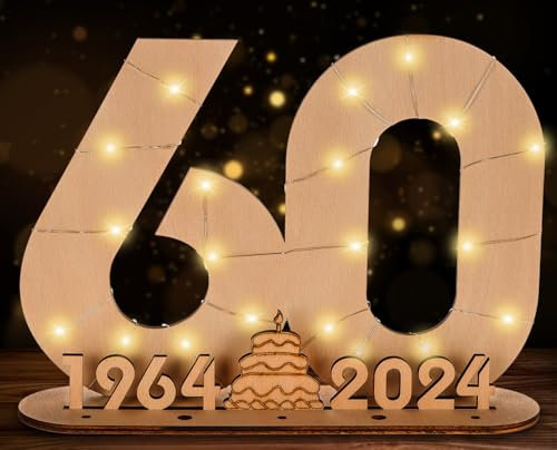 Giftota Livre d'Or en Bois pour 60e Anniversaire - Numéro 60 Cadeau en Argent avec LED Lumières - Décorations 2024 - Panneau Personnalisable pour Femmes et Hommes