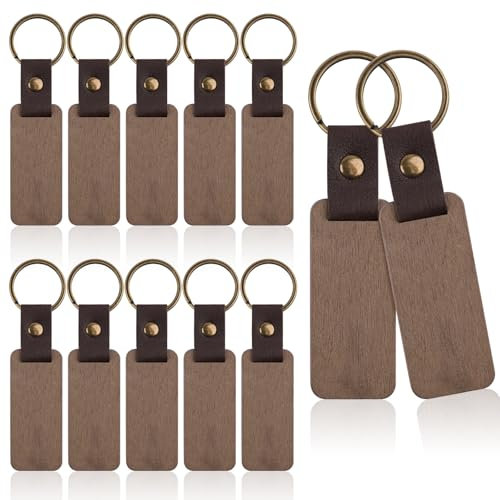 Maxmoc 12 Stück Schlüsselanhänger Holz,Blanko Schlüsselanhänger,Leder Wooden Schlüsselringe Personalisierter Für Lasergravur,DIY Verschiedene Schlüsselanhänger