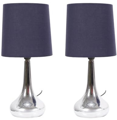 ValueLights | Silver Chrome Teardrop Touch Dimmer Table Lamps with Navy Blue Shade | Home Décor, Bedside & Desk Lamp | Includes Bulb