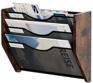 Senhoglb Porte Documents Mural à 3 Niveaux, Porte Revue Mural en Métal, Bois Organisateur de Fichiers Suspendus, Courriers Trieur de Rangement pour le Bureau, la Maison, Marron Antique