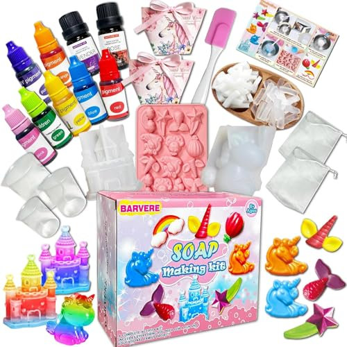 BARVERE Seife Selber Machen Kinder, 500g Seife, 16 Formen, 7 Pigment, 2 Essentielle Öle, 2 Geschenktasche, DIY-Werkzeuge, Seifen Selber Machen Set Erwachsene, Kindergeburtstag Geschenk