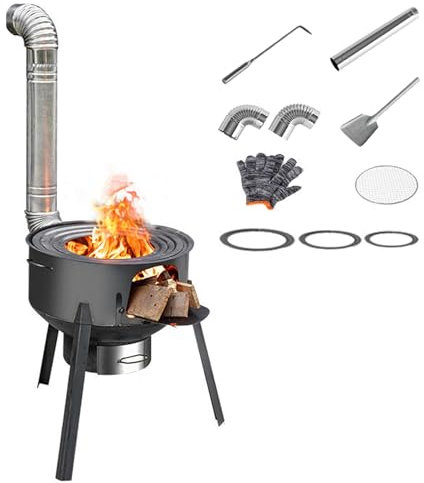 DYUNCZ Holzofen, Camping Ofen, Raketenofen, Tragbarer Abnehmbarer Eisen-Brennholz-Kochherd, Camping-Holzofen, Zelt-Holzofen mit Kaminrohren, for Grillpicknick, Kochen, Camping(43cm/17)