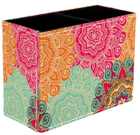 VAPOKF Mandala Vintage Pen Holder for Desk, 2 Compartments Pen Pot Pencil Holders Makeup Brushes Storage Desktop Stationary Supplies Organiser for Home Office