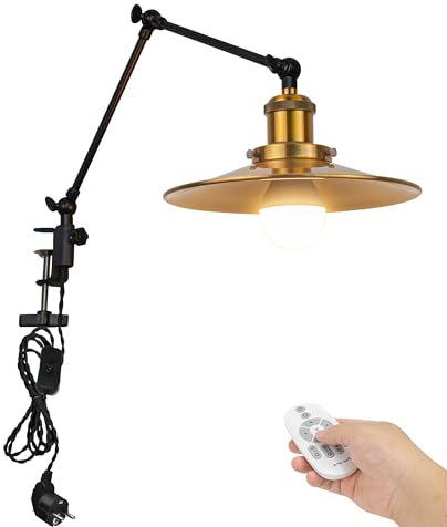 FSLiving Industrial Klemmleuchte mit Fernbedienung, Einstellbar Clip auf Schreibtisch Leselampe,Dimmbar Clamp Nachttischlampe mit Flexarm für Schreibtisch Nachttisch Regal Gold- TD/2773