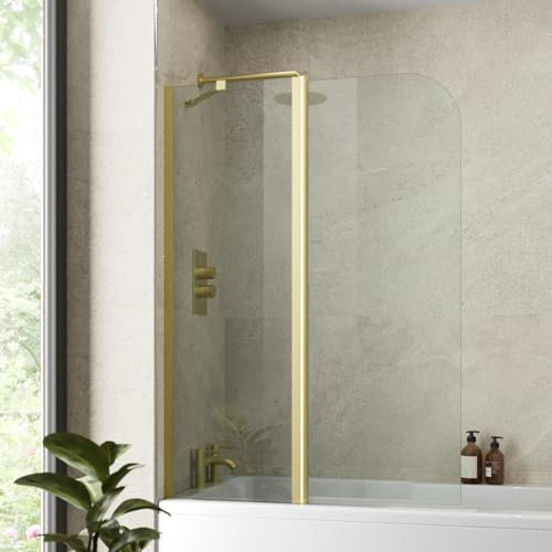 Luxura® 1400 x 1000mm Brushed Brass Gold 2 Section Folding Over Bath Shower Screen Door 6mm Clear Toughened Safety Glass Panel 180° Pivot Bathroom Hinged Framed Bath Screens