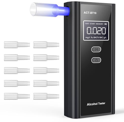 Milduall Alkoholtester Polizeigenau, Professioneller Alkoholmessgerät mit digitaler LCD-Anzeige Promillemessgerät Atemalkoholtester mit 10 Mundstücken, Gradgenauigkeit für Outdoor Patry