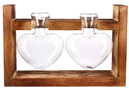 EPIGEIST 2stücke Glasvase Herzform Für Hydrokultur Pflanzgefäß Aus Glas Mit Holzgestell Grüner Pflanzen-Container Für Blumenarrangement Terrarium Mit Holzhalterung