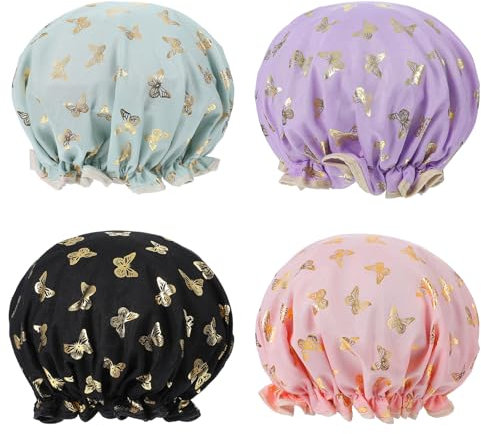 ElevateTech 4Pcs Shower Cap for Women, Double Waterproof Elastic Hair Hat Reusable Printed Adjustable Shower Cap Satin Lined (Pink Black Green Purple)