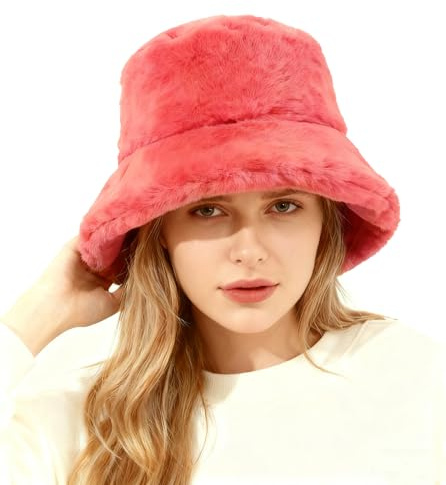 Lina & Lily Winter Pelzmütze Fischerhut Damen Herren aus Kunstfell (Koralle)