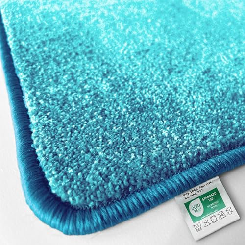 Floordirekt Badematte Carousel 67 x 200 cm, Blau - Weicher & dichter Hochflor - Badezimmerteppich - Extra flauschig - Rutschsichere Rückseite