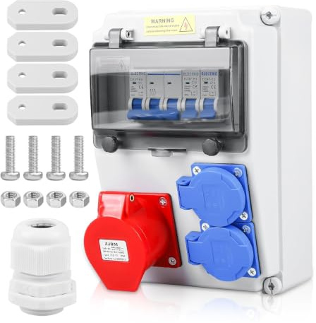 Verteilerkasten Baustromverteiler Wandverteiler mit Leitungsschutzschalter 2x Schuko & CEE 16A Steckdosen, Wasserdicht Stromverteiler komplett verdrahtet für Innen/Außen, Holzwand/Zementwand