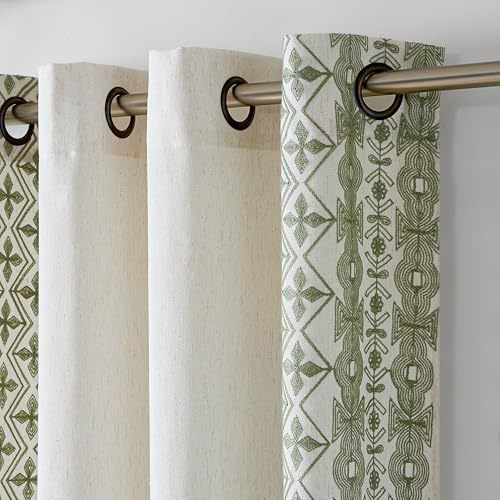 PONY DANCE Vorhang Leinen Boho Wohnzimmer Gardinen mit Geometrischer Stickerei Ösenschal 2er Set H 220 x B 140 cm Creme+Stickerei-Salbeigrün, Leinenoptik Gardinen Halbtransparent