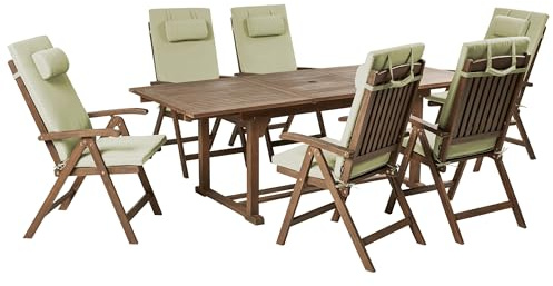 Beliani Acacia Rustic 6 Seater Garden Dining Set Extending Table Reclining Chairs with Green Cushions Amantea Premium