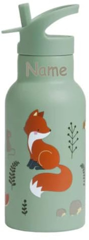 Elefantasie Personalisierte Edelstahl Trinkflasche für Kinder mit Namen graviert ultraleicht Trinkstrohhalm für Kinder ab 4 Jahren (Waldfreunde, 350 ml)