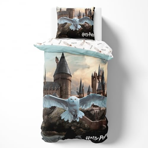 Harry Potter Bettwäsche 140x200 Baumwolle, Hogwarts Kinderbettwäsche, 1x Kissenbezug 63x63 + Bettbezug 140x200, Eule Hedwig Geschenk