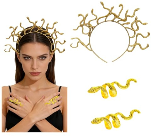 Rtyuio Medusa Schlangen Stirnband + 2 Schlangen Ringe Set, Griechische Göttin Haaraccessoires & Fingerringe, Perfekt für Halloween Karneval Kostüm Party, Damen Deko Zubehör