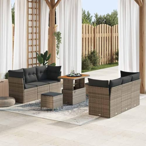 Holamys Garten-Sofa-Set 9tlg, Grau Poly-Rattan, Modulares Outdoor Lounge Möbel mit Polstern, Höhenverstellbarer Tisch, für Terrasse, Balkon, Garten