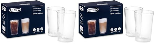 De'Longhi Gläser Set DLSC319, 2 doppelwandige Thermogläser mit Isolierfunktion für kalte und warme Getränke, widerstandsfähiges Borosilikatglas, Spülmaschinenfest, Fassungsvermögen 480 ml, 2 Stück