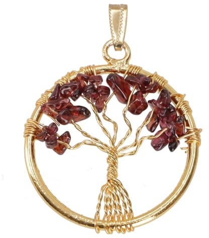 GURU SHOP Lebensbaum Amulett, goldener Kettenanhänger, Granat