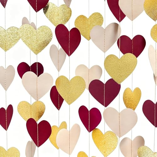 52Ft Burgundy Beige Gold Love Heart Garland Hanging Glitter Gold Paper Maroon Streamer for Graduation Birthday Wedding Baby Shower Anniversary Bachelorette Engagement Valentines Day Garnet Party