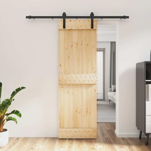 LoogCape Porta scorrevole in legno di pino massello, naturale e nero, 70 x 210 cm, con binario in acciaio e ruote, per interni come divisorio in corridoio