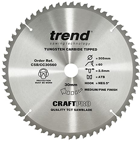 Trend CraftPro Hoja de sierra circular TCT de corte transversal con gancho negativo, 305 mm de diámetro x 60 dientes x 30 mm de diámetro interior, punta de carburo de tungsteno, CSB/CC30560