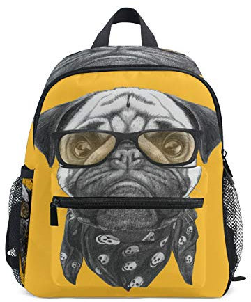 Kinderrucksack Mops mit Brille und Schal Kindergarten Vorschule Tasche für Kleinkind Mädchen Jungen