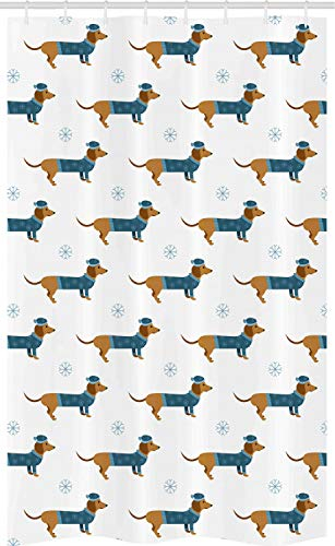 ABAKUHAUS Teckel Rideau de Douche Stalle, Chien Pull Flocon de Neige, Ensemble de Salle de Bain en Tissu en Crochets, 120 x 180 cm, Ginger Turquoise Foncé Bleu Clair Blanc