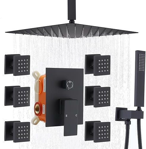 Enga Full Body Shower System with Body Jets, 12 Inch Powerful Rainfall Shower and Handheld Spray, Rough-in Mixer Valve Concealed Shower Faucet Set Complete, Matte Black