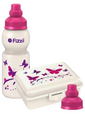 Fizzii Set Trinkflasche 330ml + Lunchbox inkl. Obst-/ Gemüsefach (schadstofffrei, spülmaschinenfest, Motiv: Mini Schmetterling)