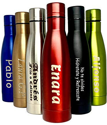 Regalo Grabado - Botella Térmica Personalizada | Mantiene Caliente 12H y Frío 24H | Doble Pared | Grabado Láser Permanente | Anilla y Mosquetón | 500ml | Color (Negro)