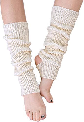 YUANQIAN Women Winter Extra Soft Over Knee High Footless Knitted Stirrup Leg Warmers for Yoga Ballet Dance (White -1pair)