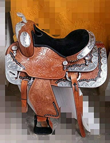 Equestrian Universe Western-Sattel, Leder, komplett verziert, mit silberfarbenen Ecken und Canchos