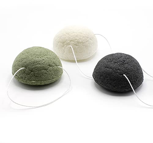 LARELLE Konjac - Juego de 3 esponjas con carbón de bambú, té verde, cúrcuma, esponja facial, limpiador facial contra la piel con impurezas y grasa, piel mixta, de cultivo biológico, sostenible