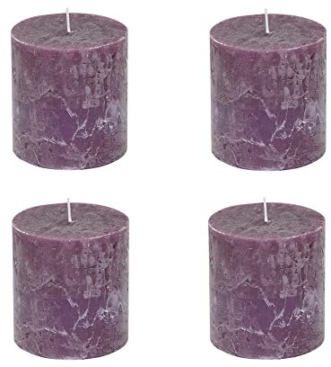 Stumpenkerzen Rustic 4er Set - Stumpenkerze, Blockkerze, Kerze, Adventskranz, Advent - Kein Ruß - Brenndauer: 75 Std. - viele Farben - 10x10 cm (Aubergine)