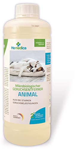 HOMEDICA Geruchsentferner Animal 1L, NEU jetzt mit 2 Phasen-Technologie und Anti-Smell-Formula - Mikrobiologischer Geruchsneutralisierer und Enzymreiniger - Für Tiergerüche wie Katzen- und Hundeurin