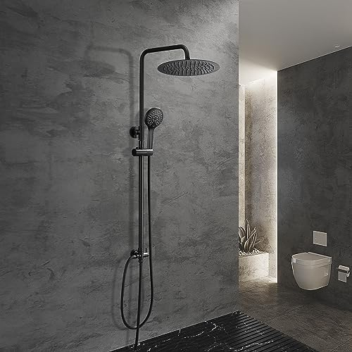 Görbach Columna Ducha sin Grifo Negra Columna de Hidromasaje Altura Adjustable Set Ducha Acero Inoxi 304 Conjunto Ducha con Alcachofa Ducha Mano, Estante y Cabezal Ducha Lluvia D25cm