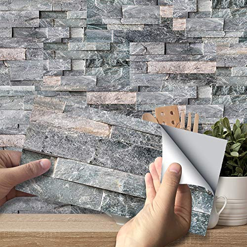 funlife 54Pcs Grey Tile Stickers Vinyl Peel and Stick Self-Adhesive Splashback Kitchen Decor Dark Grey Stone Brick, 20X10cm