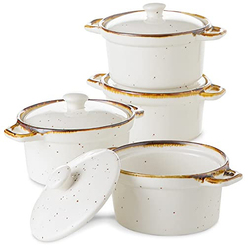 ONEMORE - Ramequines con tapas, cacerola pequeña de cerámica de 12 onzas con asas y borde marrón para hornear sopa, apto para horno moteado, mini horno holandés, juego de 4 para porción individual,