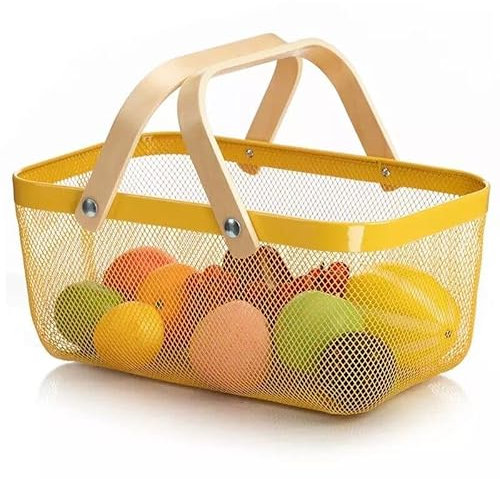 Sarmini Aufbewahrungskorb mit Holz Henkel, Multifunktionaler Metalldraht Hängende Küchenkörbe Obstkorb Ideal für Küche, Bad, Speisekammer, Garten, Schrankhaus, Einkaufen (Rechteck - Gelb)