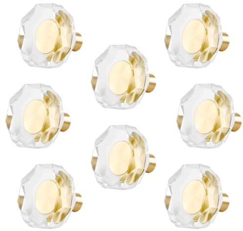 BokWin 8 Pcs Gold Crystal Knobs,Glass Brass Crystal Door Knob,Geometric Drawer Knobs Pull Handle for Cabinet Dresser Furniture Cupboard Hardware Wardrobe(Polygon)
