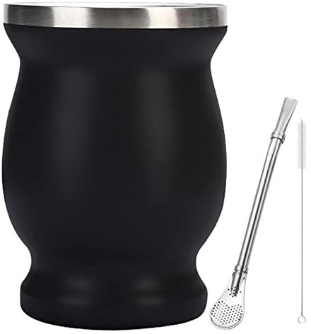 Yerba Mate Zucca da 226,8 ml, doppia parete in acciaio inox, include cannuccia Bombilla e una spazzola per la pulizia (nero)
