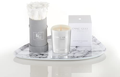 Metallic Classic Glance Set – einelne Infinity Rose in grauer, runder Box, Flowerbox Größe XXS mit Duftkerze in verführerischen Duft und Marble Tablett in weiß. 1-3 Jahre haltbare Rosen