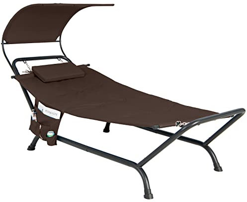 RELAX4LIFE Outdoor Hammock Bed, Patio Lounge Chair with Canopy, Stand & Storage Pocket, Heavy-Duty Swing Chaise Lounger for Garden Poolside Backyard (Brown)