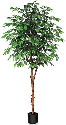 Kazeila Large Artificial Ficus Tree 180cm Tall Artificial Plants Indoor Fake Tree Fake Potted Tree with Natural Wood Trunk and Silk Leaves for Home Office Decor Indoor