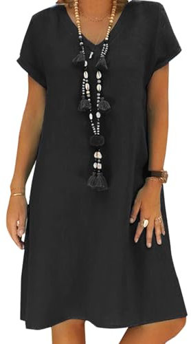 Women's Dress Summer Linen Dresses Casual V Neck Midi Dress Short Sleeve A-line Dress Sundress Tunic Dress Without Accessories (A Black, L)