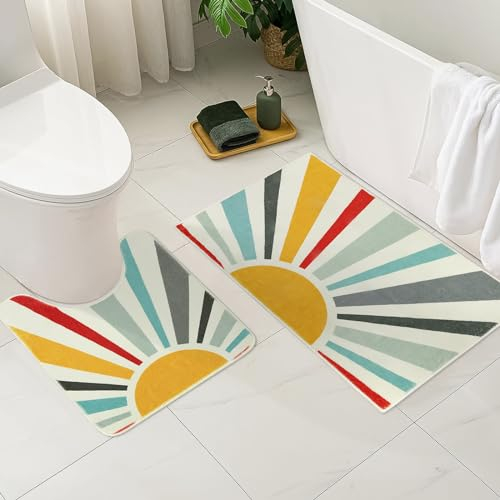 Uphome Boho-Badezimmerteppich-Set, 2-teilig, modern, bunt, Sonnen-Badematte mit U-förmiger Kontur, WC-Vorleger, rutschfest, weich, niedlich, maschinenwaschbar, blau, ästhetische Bodenmatten für