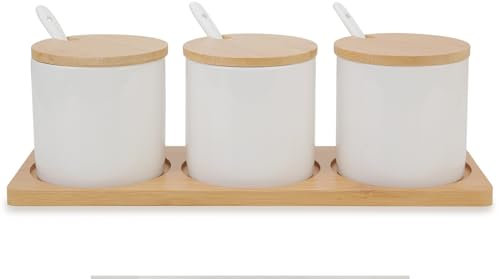 Chase Chic Ensemble de 3 Pots à Épices, Ensemble de Pots en Céramique avec Couvercle en Bambou, Cuillère et Plateau, Porte-Épices pour la Cuisine et la Table à Manger 690 ml Noir