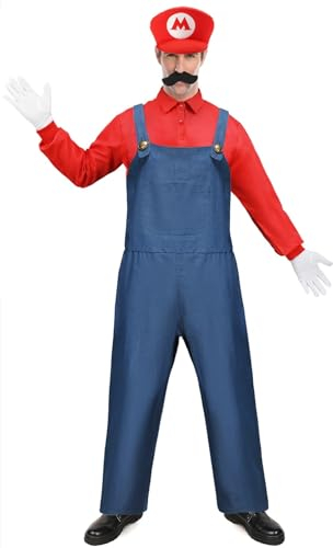 Velmawig Super Brothers Klempner Kostüm Herren Erwachsene Karneval Kostüm Cosplay Overall Hemd Faschingskostüm mit Mütze Bart Handschuhe Held VL003XXL