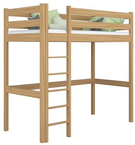 N-wood N05 Hochbett, Etagenbett 90x180 cm, aus Eichenholz, 2 Leitermontageseiten: Links oder rechts, sichere abgerundete Kanten, Stabile Massivholzkonstruktion, inklusive Lattenrost, Natureiche